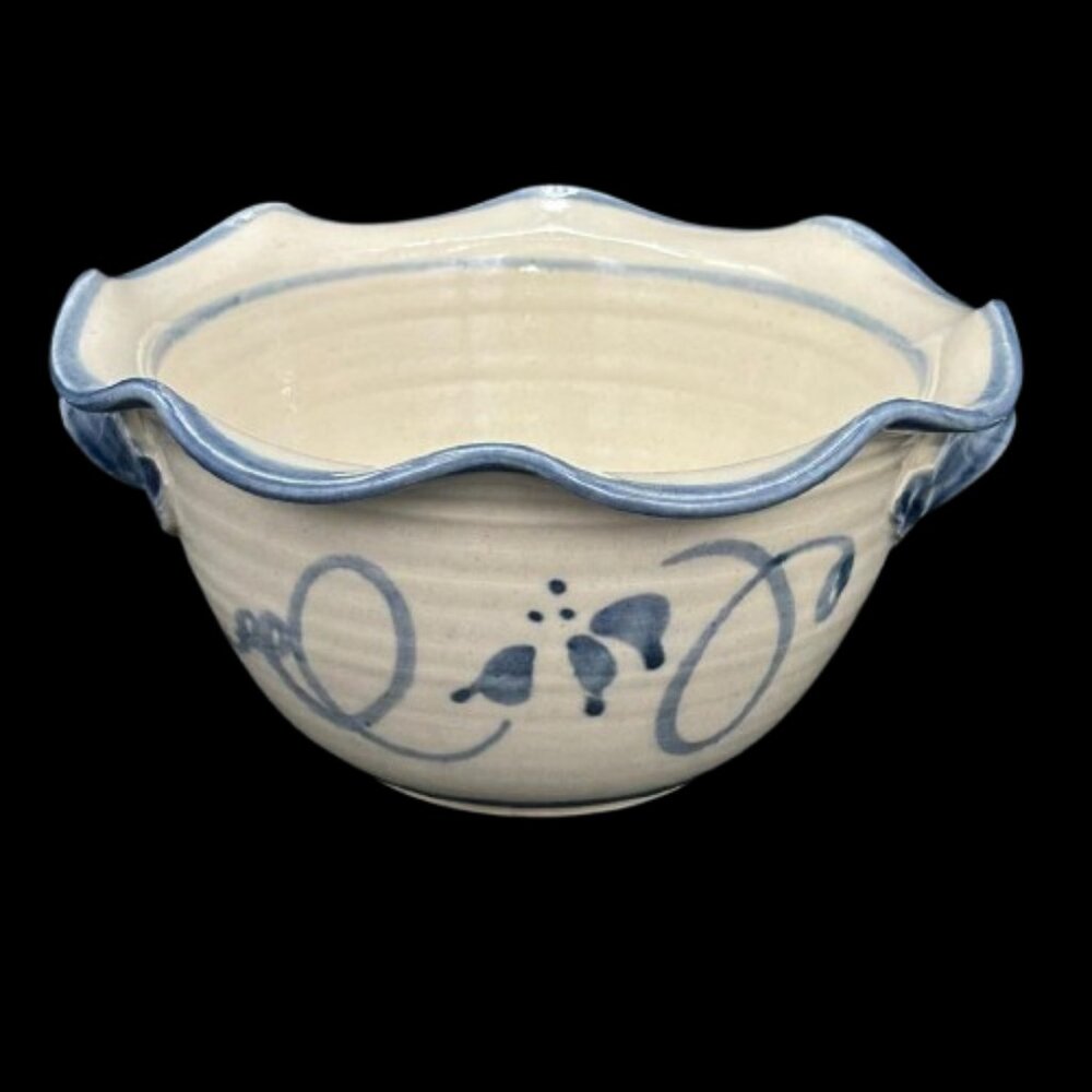 Vintage Studio Art Pottery Blue Ivory Floral Ruffled Edge Floral Bowl 7.5" Signe